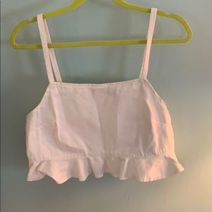 White denim flounce crop top w/ zipper detail